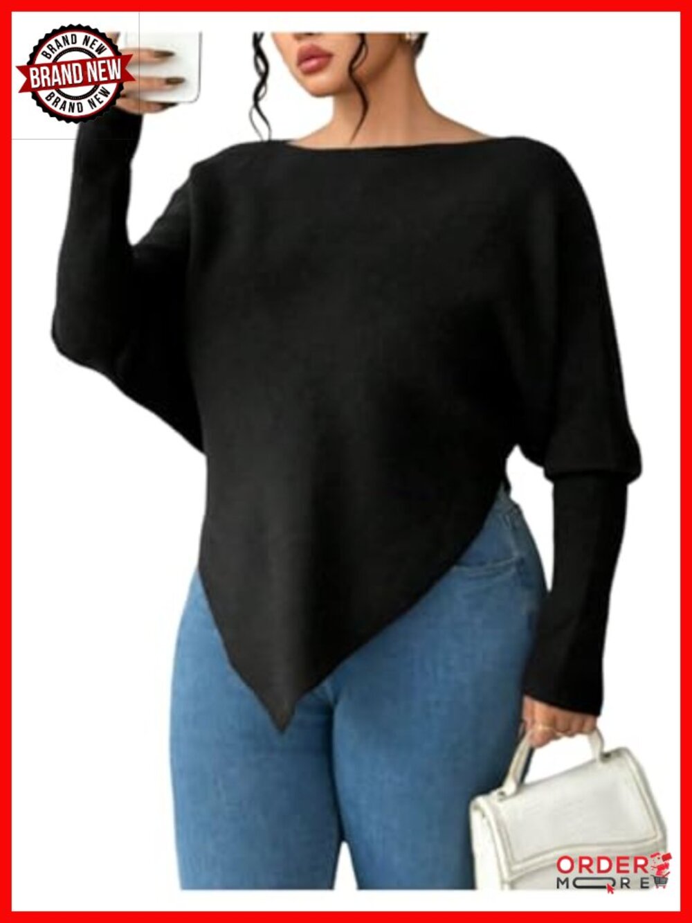 Plus Size Asymmetrical Boat Neck Long Sleeve Pullover Sweater Jumper Tops